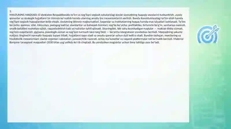 Oʻzbekiston Respublikasining taʼlim va sogʻliqni saqlash sohasidagi davlat siyosati hamda qonunlari 3