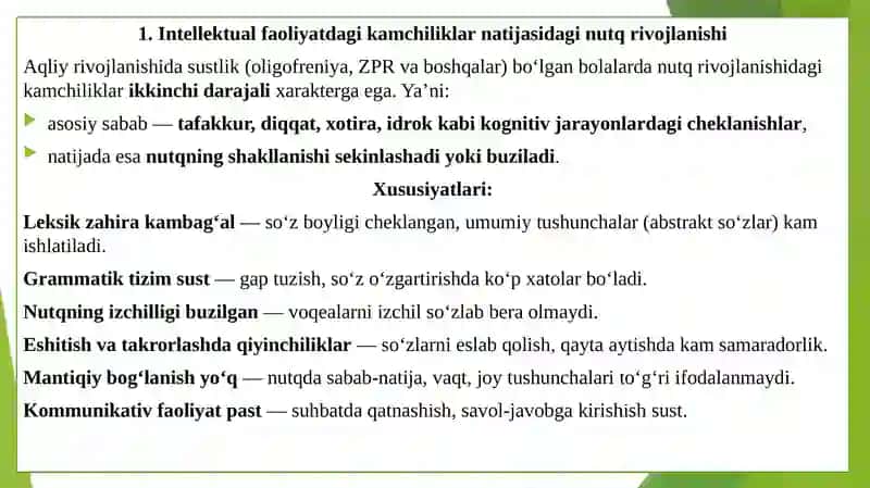 Bolalar intellektual faoliyatidagi kamchiliklar oqibatidagi nutq rivojlanishining o‘ziga xos xususiyatlarini o‘xshash holatlardan farqlash 3