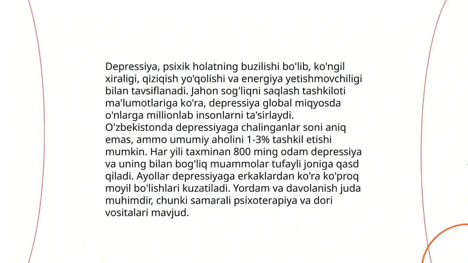 Bemorlarning ruhiy holati "Depressiya, shok, qo'rquv, cho'chish, ipohondrya, o'zini aybdor xis qilish" suyisidal fikrlash va h.k 3