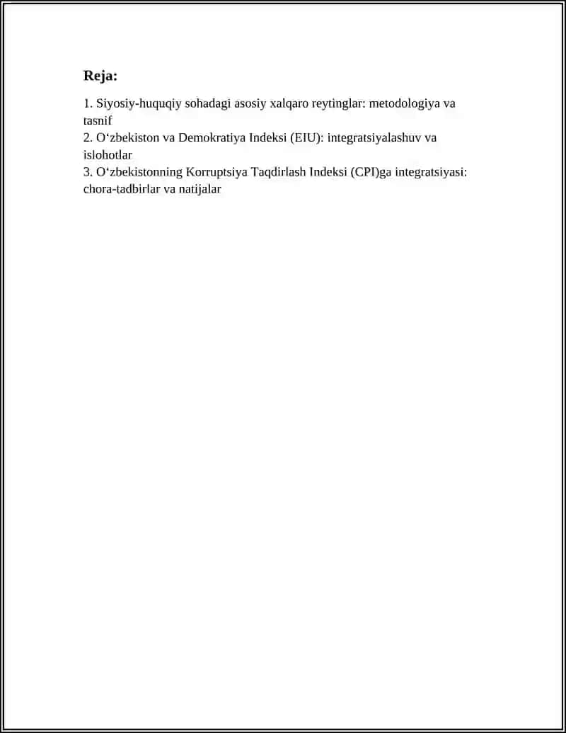 SIYOSIY-HUQUQIY SOHADAGI USTUVOR XALQARO REYTINGLAR VA ULARGA OʻZBEKISTONNING INTEGRATSIYALASHUVI 3