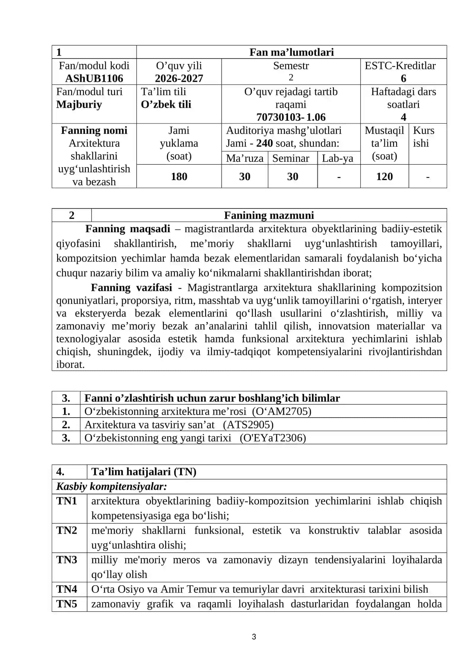 Arxitektura shakllarini uyg‘unlashtirish va bezash fanining o‘quv dasturi.doc 3