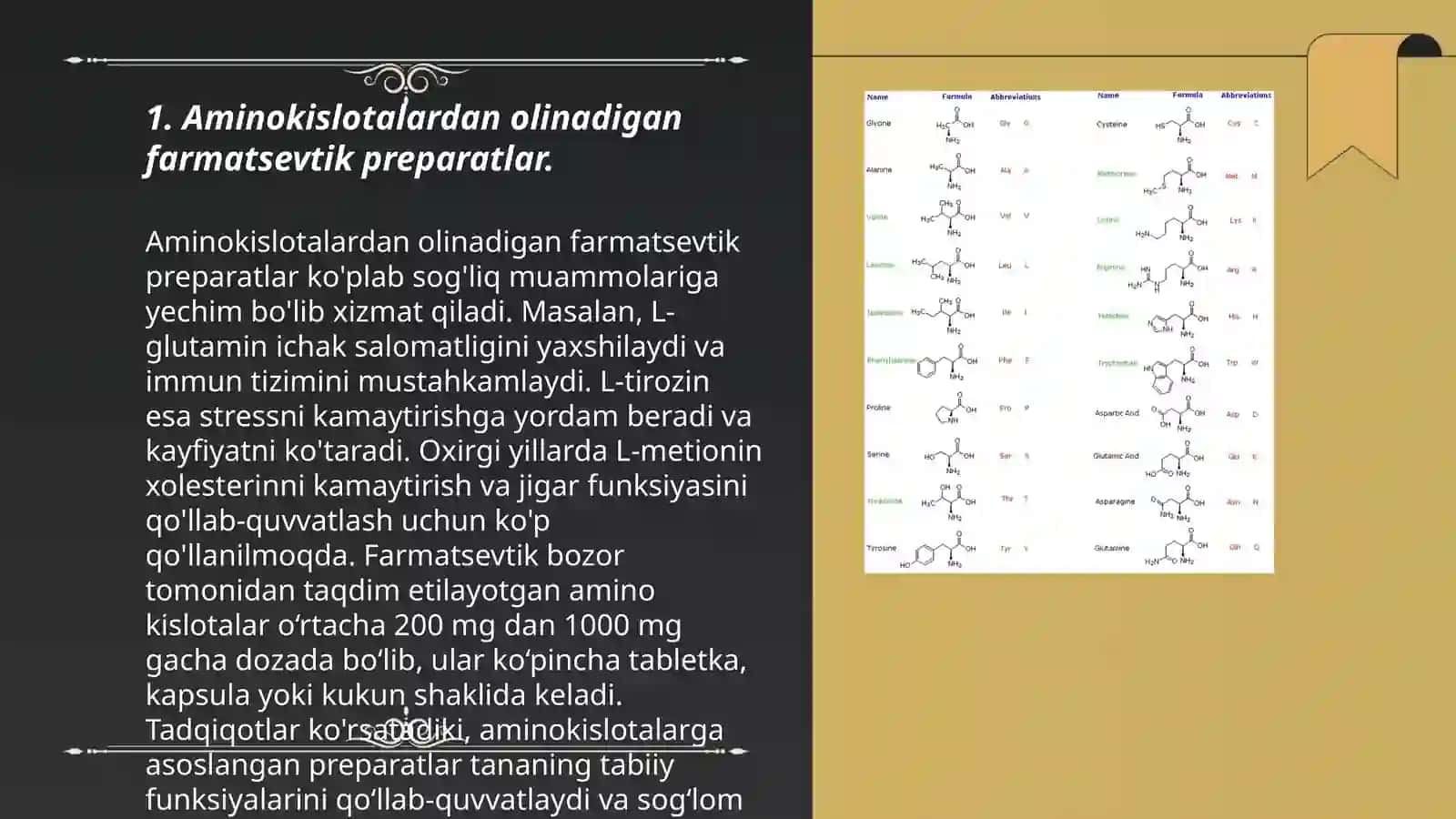 Aminokislotalar asosida olinadigan farmatsevtik preparatlar va nutrisevtiklar:olinish usullari, farmakologik xususiyatlari, terapevtik taʼsiri 3