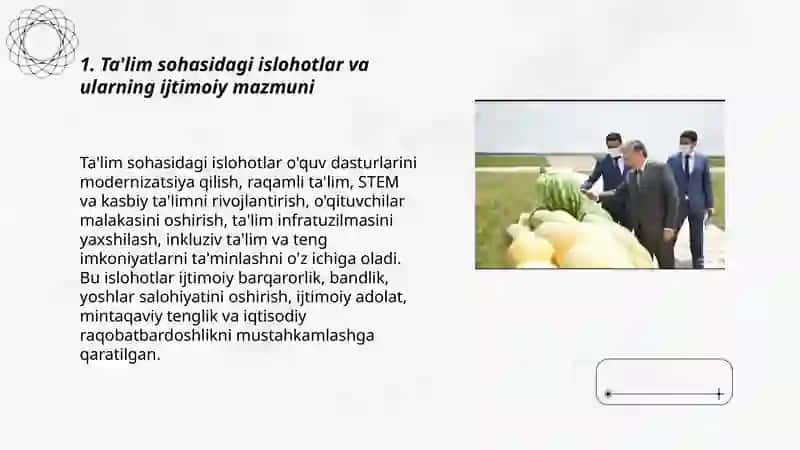 Oʻzbekiston ijtimoiy sohada amalga oshirilayotgan oʻzgarishlar mazmuni va mohiyati 3