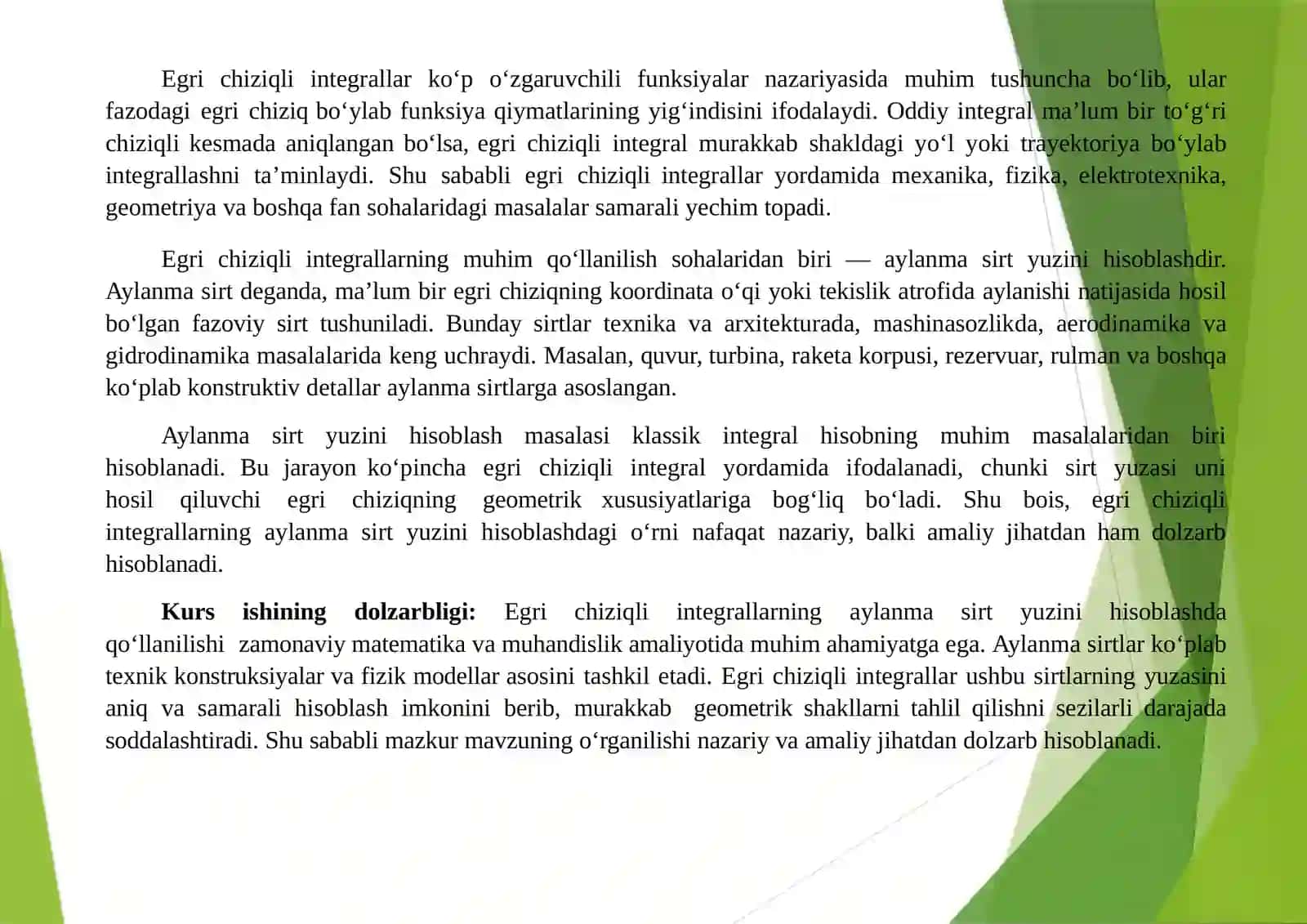 "EGRI CHIZIQLI INTEGRALLARNING AYLANMA SIRT YUZINI HISOBLASHGA QO‘LLANILISHI" KURS ISHI 3