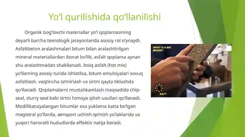Organik bog‘lovchi materiallar va ulardan yo‘l qurilishda foydalanish. 3