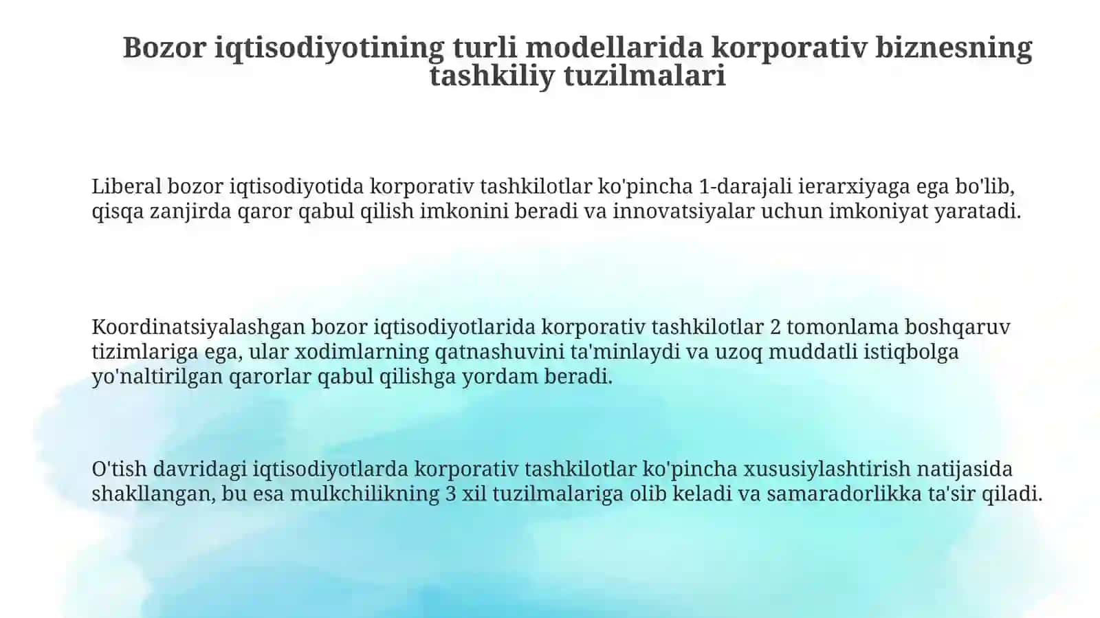 Bozor iqtisodiyotining turli modellarida korporativ biznes tashkiliy xususiyatlari 3
