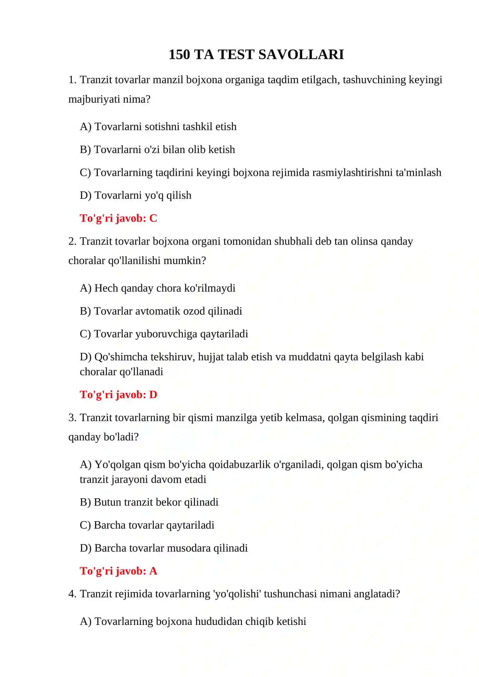 TRANZIT BOJXONA NAZORATI TESTLARI 3
