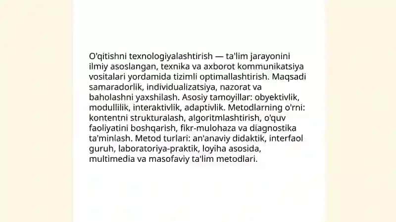 O'qitishni texnologiyalashtirishda metodlardan foydalanish va ularni turlari 3