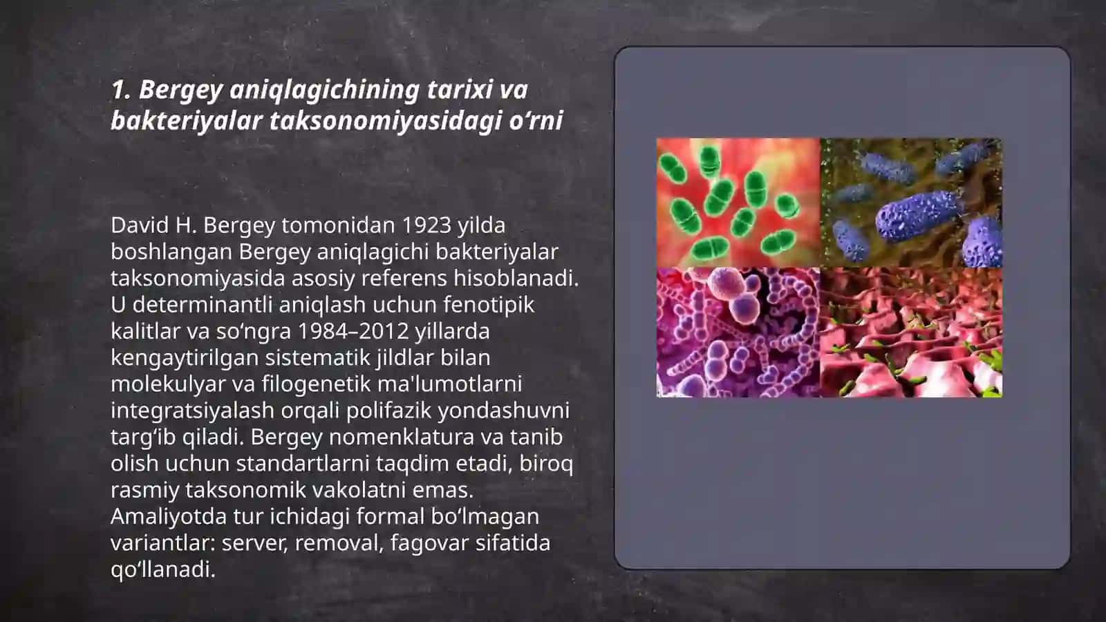 Bakteriyalarni klassifikatsiyasi,toksonomiyasi va nomenklaturasi."Berji " aniqlagichi 3