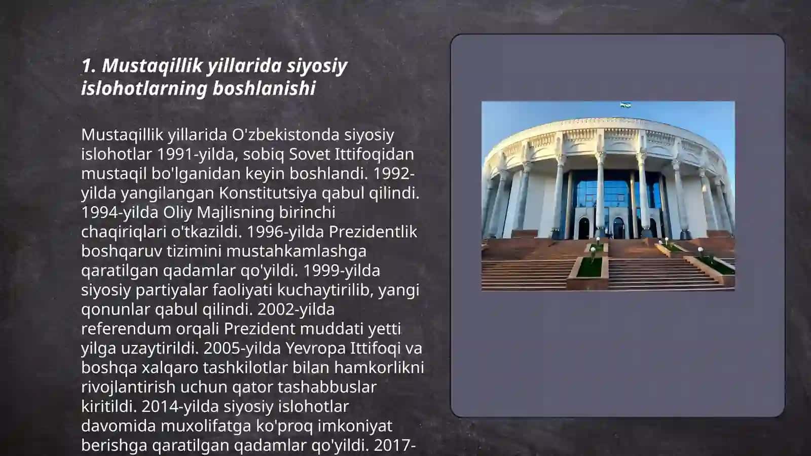 O'zbekistonda demokratik, fuqarolik jamiyati asoslarining shakllanishi, amalga oshirilgan siyosiy islohotlar 3