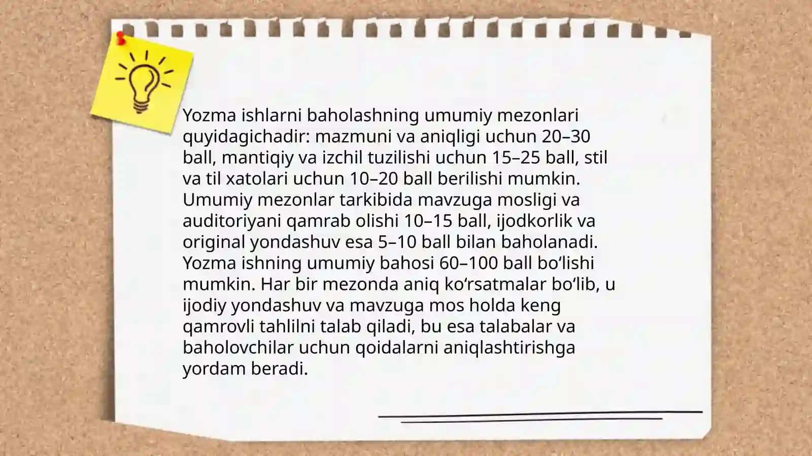 Yozma ishlarni baholash mezonlari bo'yicha tavsiya tayyorlash 3
