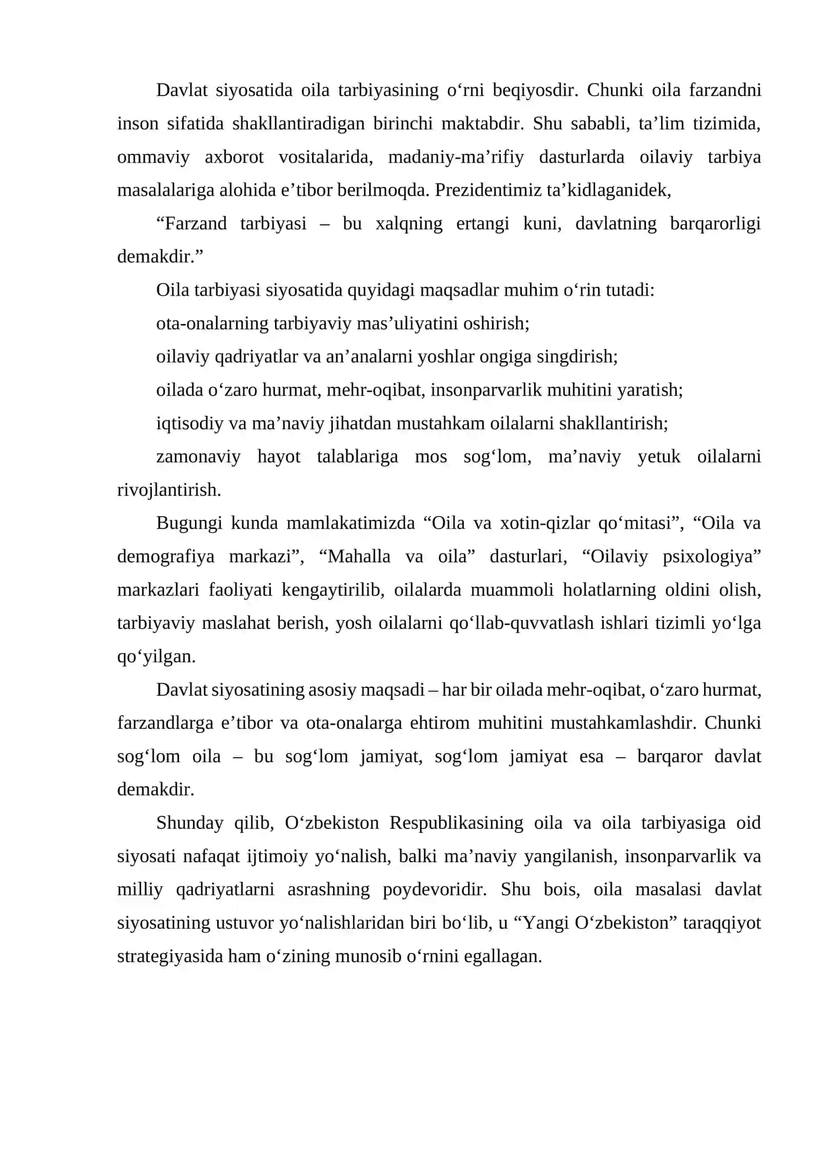 O'zbekiston Respublikasi Prezidentining Oila va Olila Tarbiyasi To'g'risidagi Fikrlari Bayon Etilgan Asarlarni O'rganish 3