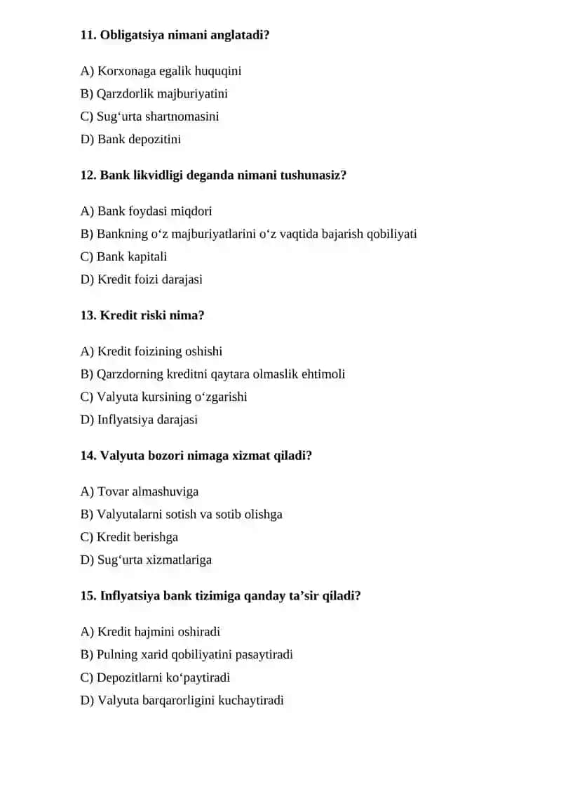 BANK VA MOLIYA BOZORLARI BO‘YICHA TEST SAVOLLARI 3
