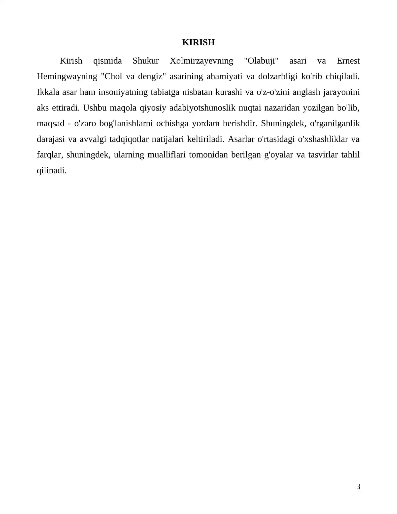 Shukur Xolmirzayevning Olabuji asari va Ernest Hemingwayning Chol va dengiz asarini qiyoslash 3