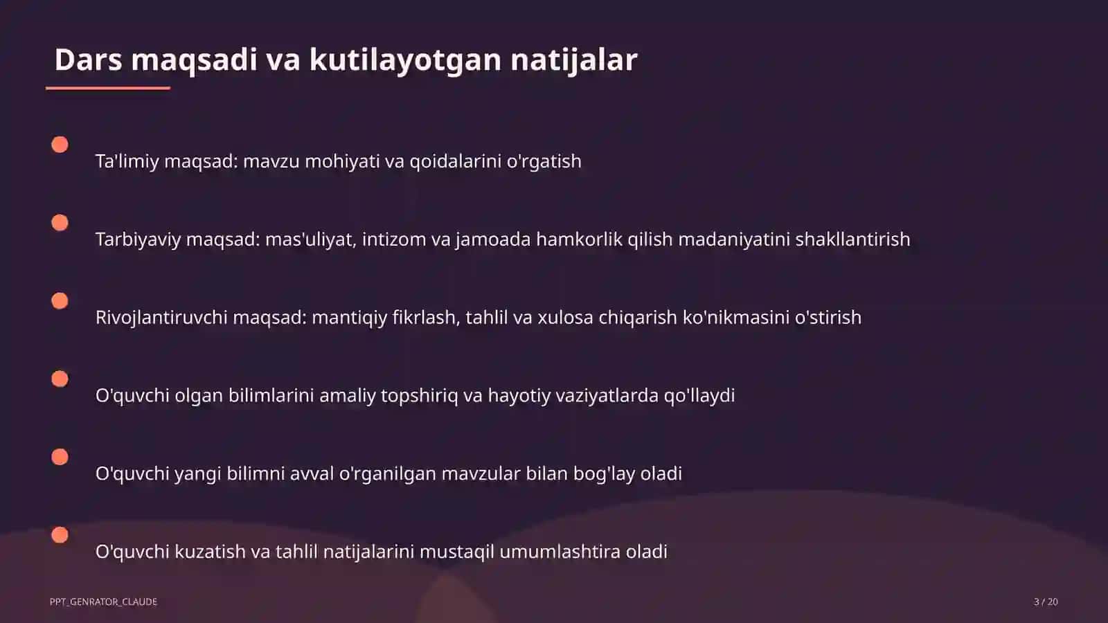 Sinf soati va tarbiyaviy tadbirlar (1–11) — ochiq dars uchun 3