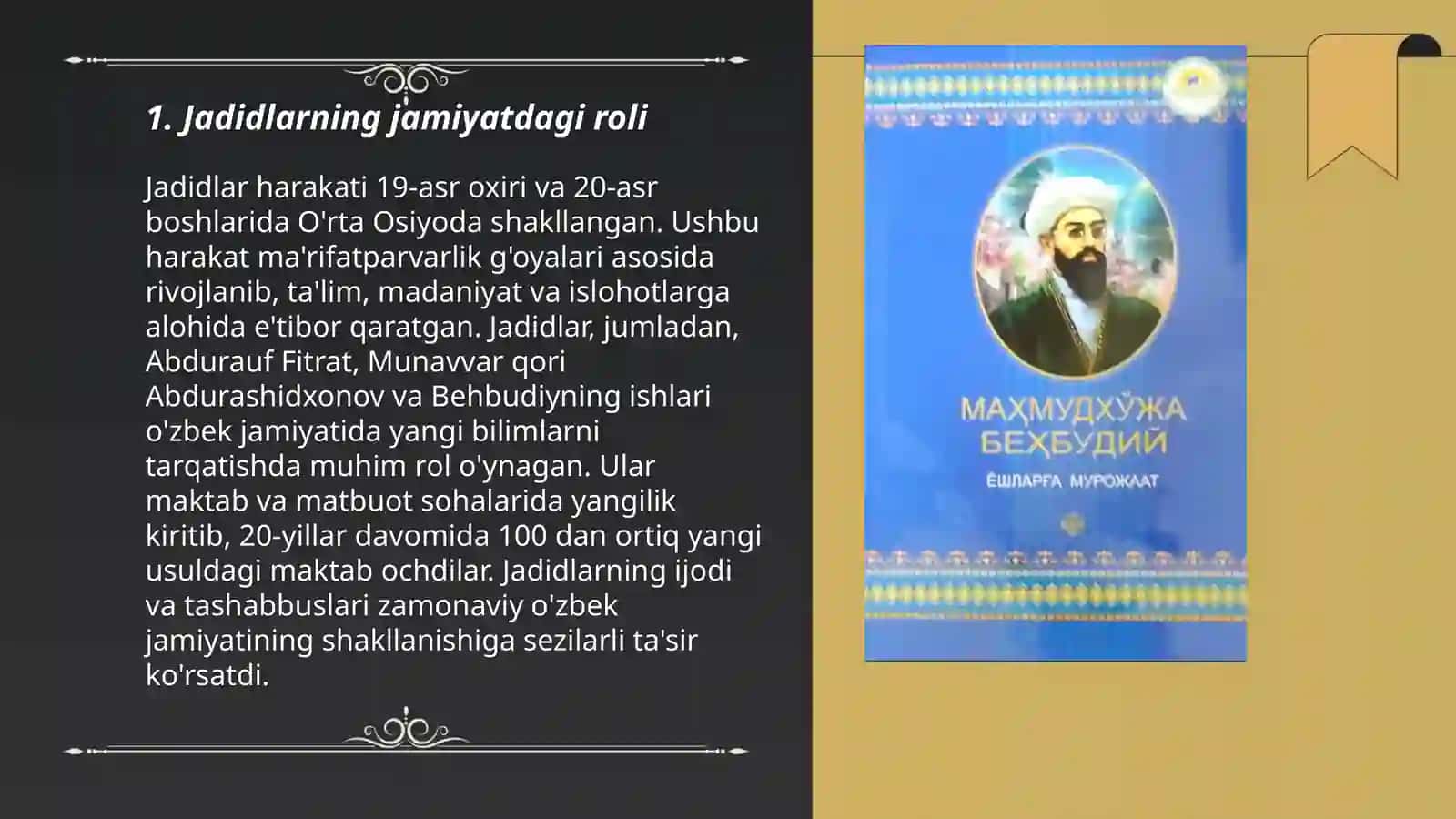 Jadid marifatparvarlarining oʻlka ijtimoiy-manaviy hayotida tutgan orni Munavvar Qori Fitrat Behbudiy Avloniy va boshqalar 3