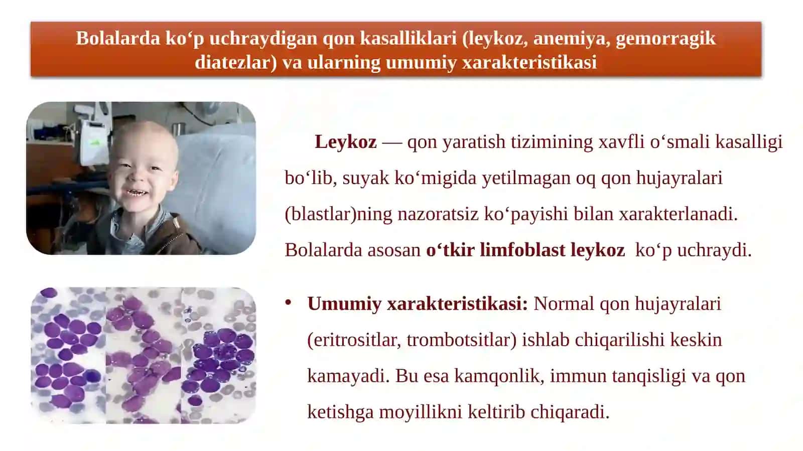 BOLALARDA OG‘IZ BO‘SHLIG‘I SHILLIQ QAVATIDA QON KASALLIKLARIDA SODIR BO‘LADIGAN O‘ZGARISHLAR, KLINIK BELGILARI, TASHXISI, DAVOSI.pptx 3