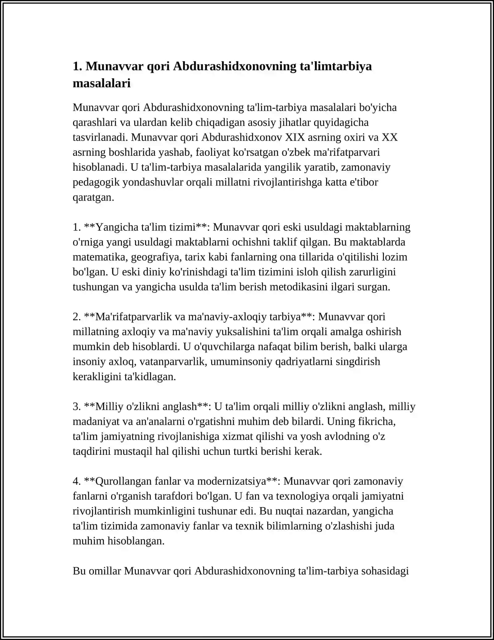 MUSTAQIL ISH Mavzu: MUNAVVAR QORI ABDURASHIDXONOVNING PEDAGOGIK QARASHLARI 3