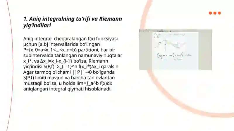 Aniq integral. Aniq integral hossalari va geometrik tabiqlari. Nuyuton- Leybnits formilasi 3