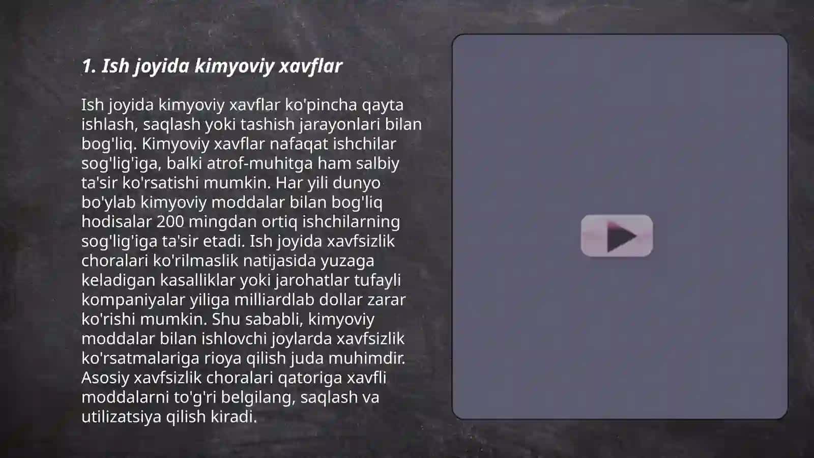Ish joyida uchraydigan kimyoviy ta'sirlar va ularni gigiyenik baholash. Ish joyida uchraydigan zararli ta'sirlarni gigiyenik me yorga (reglamentlash) keltirish (PDK, PDU, PDD) 3