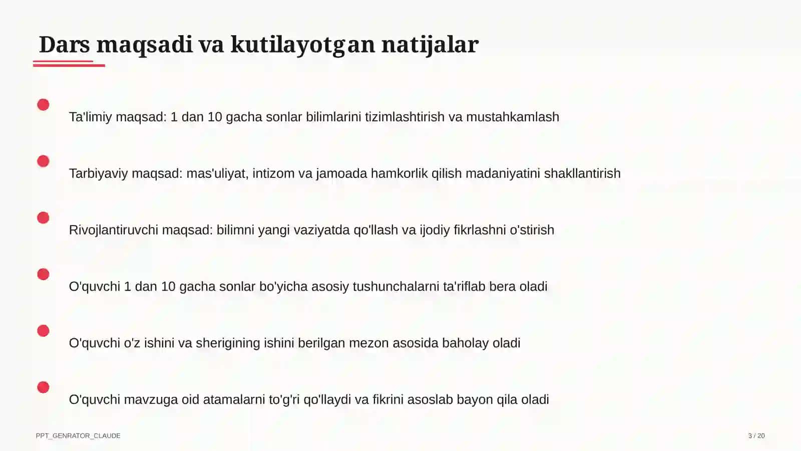 1 dan 10 gacha sonlar (1-sinf) Boshlang'ich sinf: Matematika (1–4) — o'quvchilar uchun 3