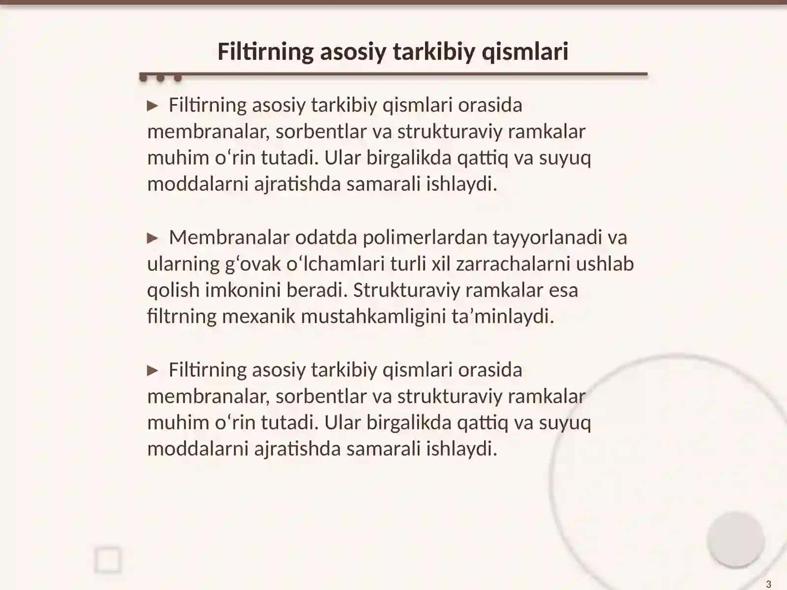 Filtirning tarkibi. Filtirning hosil boʻlishiga ta’sir qiluvchi omillar. Chiqindilarni boshqarish fanidan 3