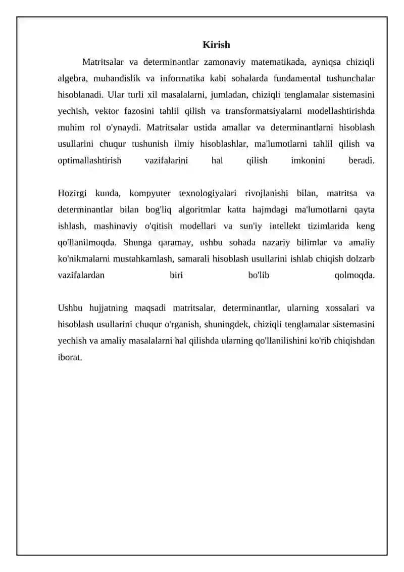 Matritsalar va Determinantlar: Asosiy Tushunchalar va Xossalari 3
