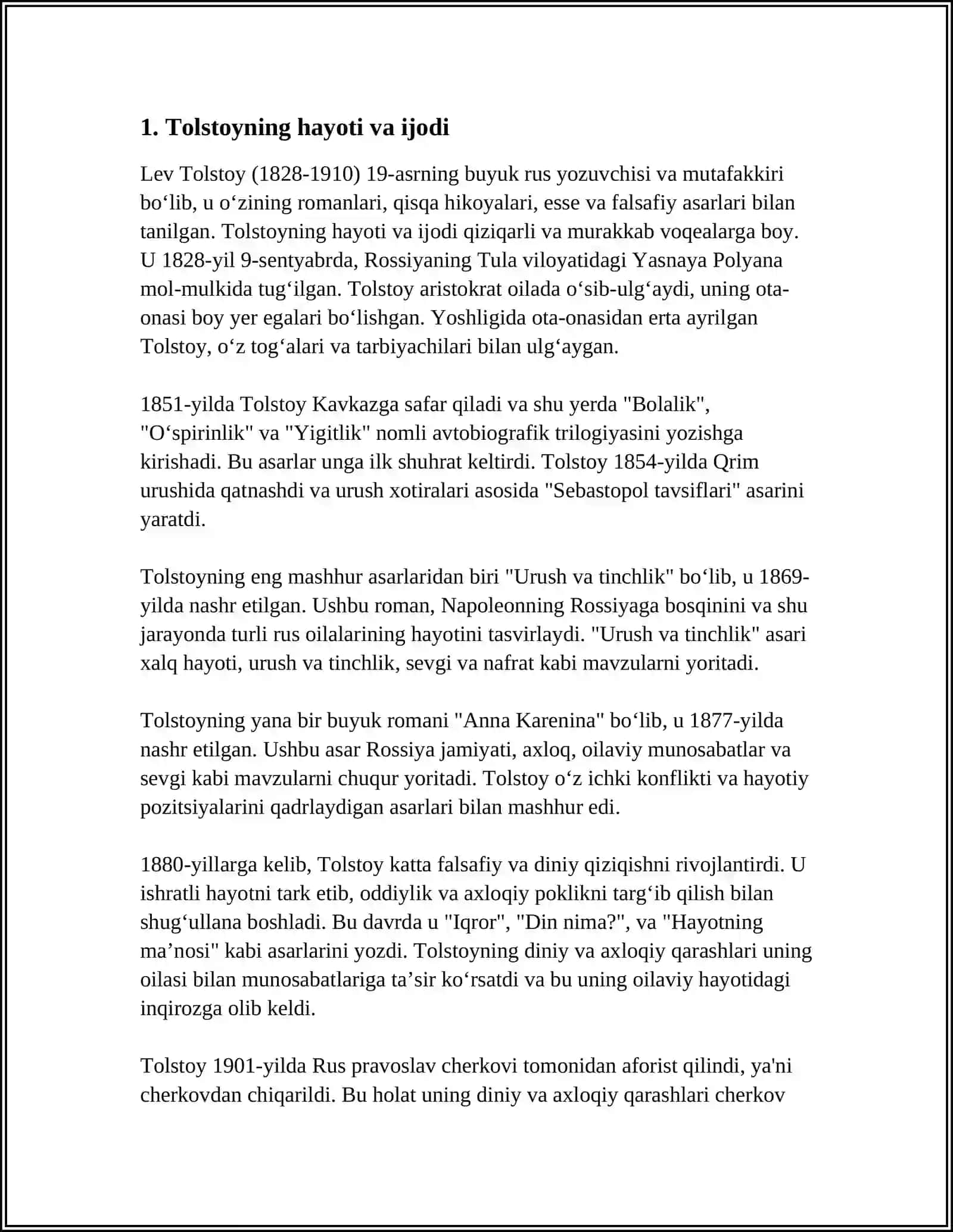 LEV TOLSTOY TIRILISH ASARIDAN 100 TA SAVOL JAVOB VA 100 TA TEST 3