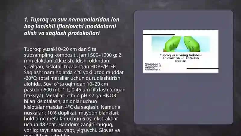Tuproq va suvdagi ion bog'lanishli ifloslovchi moddalarni aniqlash ularni kimyoviy ekalogik xavfsiz tozalash usullari 3