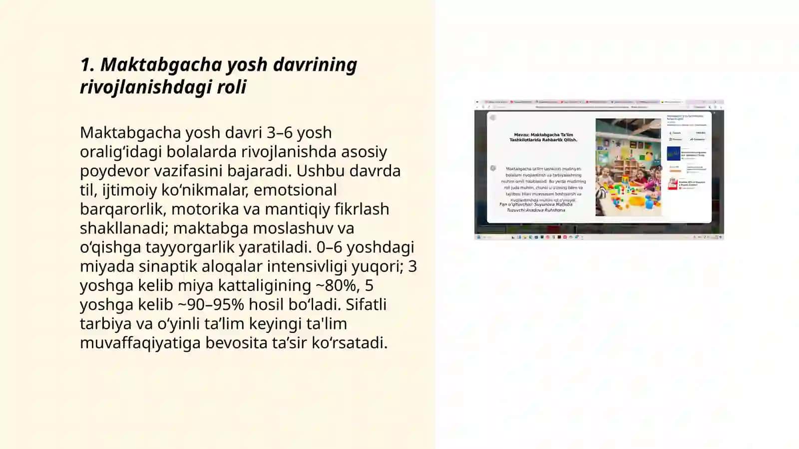 Maktabgacha yosh bu rivojlanish va ta'limning eng muhim bosqichi talaba 3