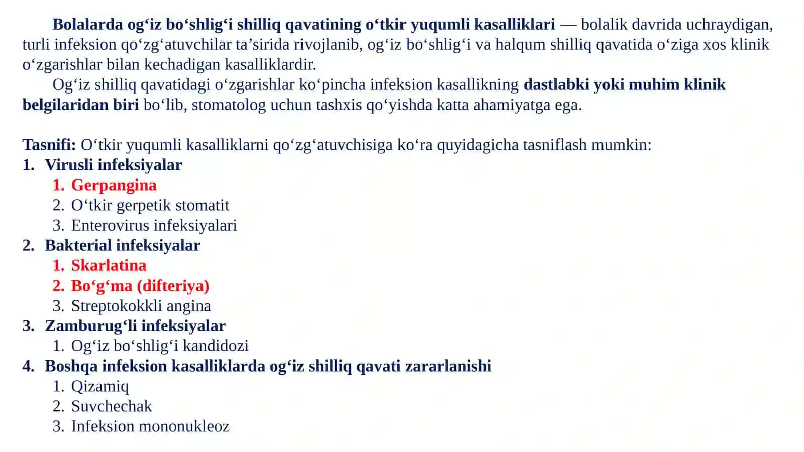 BOLALARDA OG‘IZ BO‘SHLIG‘I SHILLIQ QAVATINING O‘TKIR YUQUMLI KASALLIKLARNING (GERPANGINA, SKARLATINA, BO‘G‘MA) O‘ZGARISHLARI, KLINIK KECHISHI, TASHXISI VA DAVOSI 3