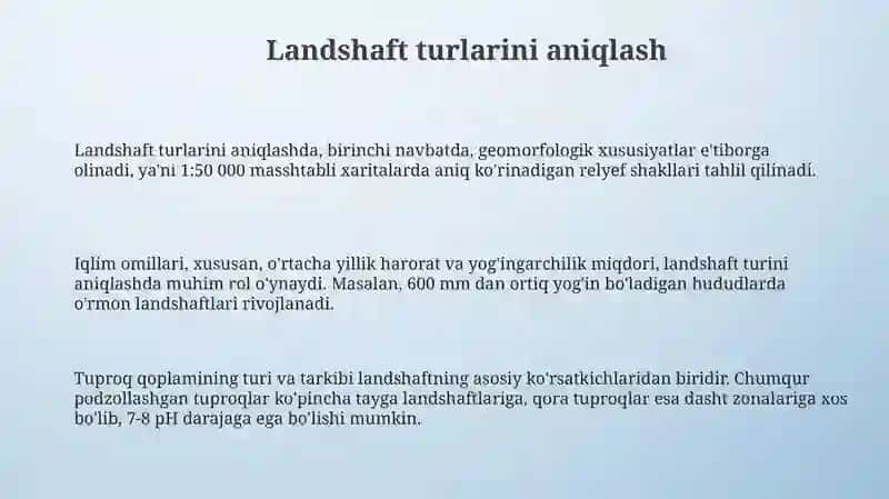 Landshaft turlari, elementlari tarkibi ketma ketligini chizish,manbalar bilan ishlash 3