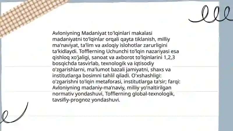 Avloniyning "Madaniyat tòlqinlari " maqolasi va E.Tofflerning " Uchunchichi tòlqinlari" 3
