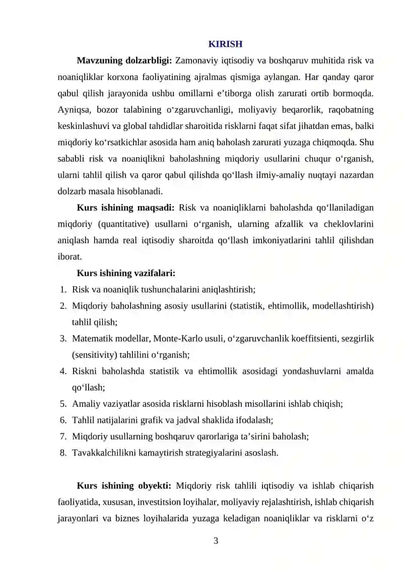 "RISK VA NOANIQLIKNI BAHOLASHNING MIQDORIY USULLARI" 3