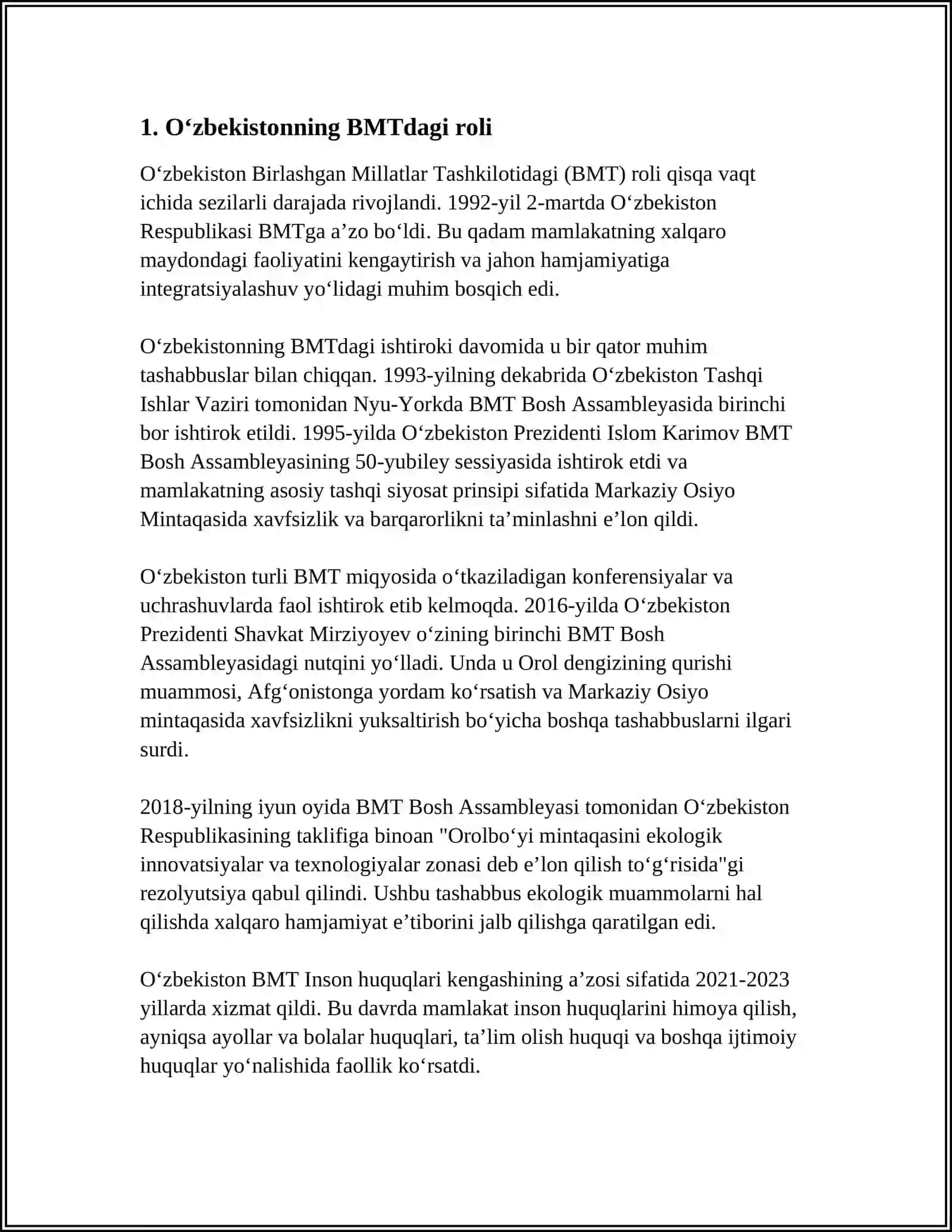 OʻZBEKISTONNING JAHON HAMJAMIYATIDA OʻRNI VA XALQARO TASHKILOTLARNING BU BORADAGI FAOLIYATI 3