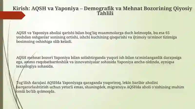 AQSH va Yaponiya: Aholishunoslik va Mehnat Bozori Ko'rsatkichlarining Qiyosiy Tahlili 3