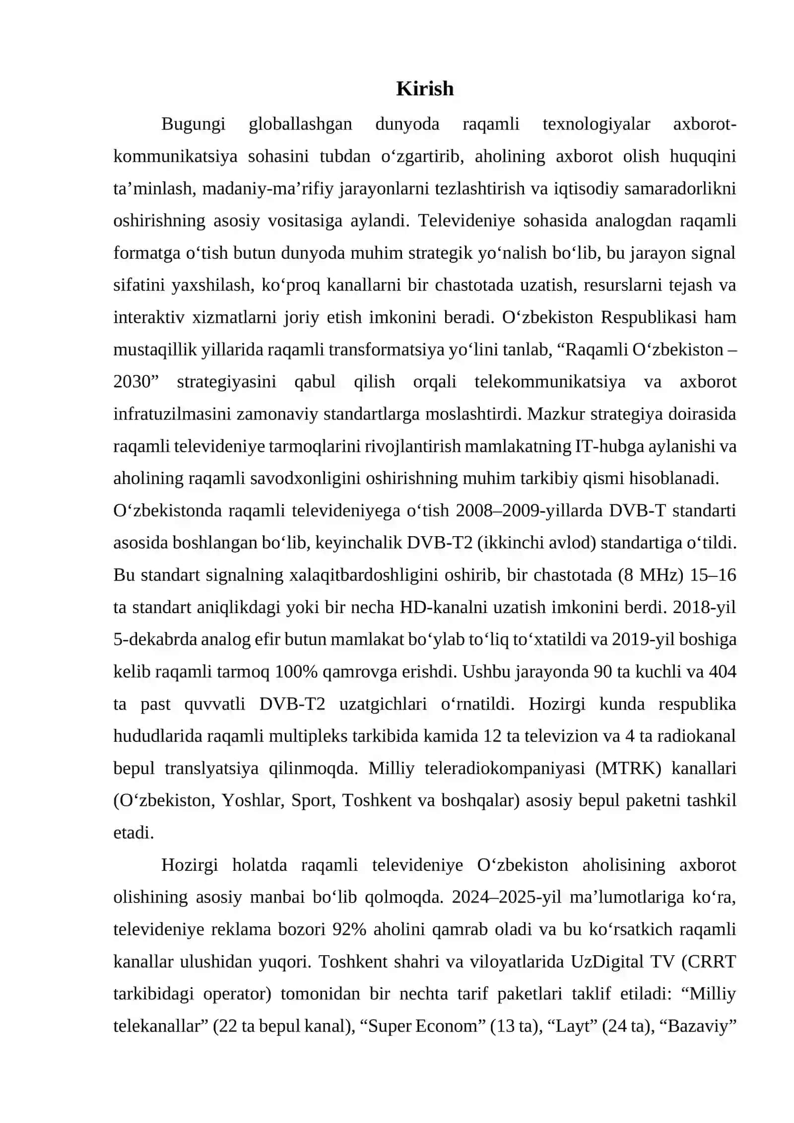 O‘zbekiston Respublikasida raqamli televideniye tarmoqlarining bugungi kun holati va uni rivojlantirish istiqbollari. 3