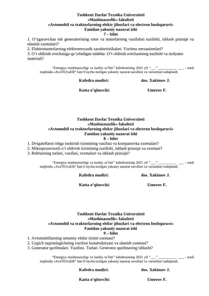 Avtomobil va traktorlarning elektr jihozlari va electron boshqaruvi 3