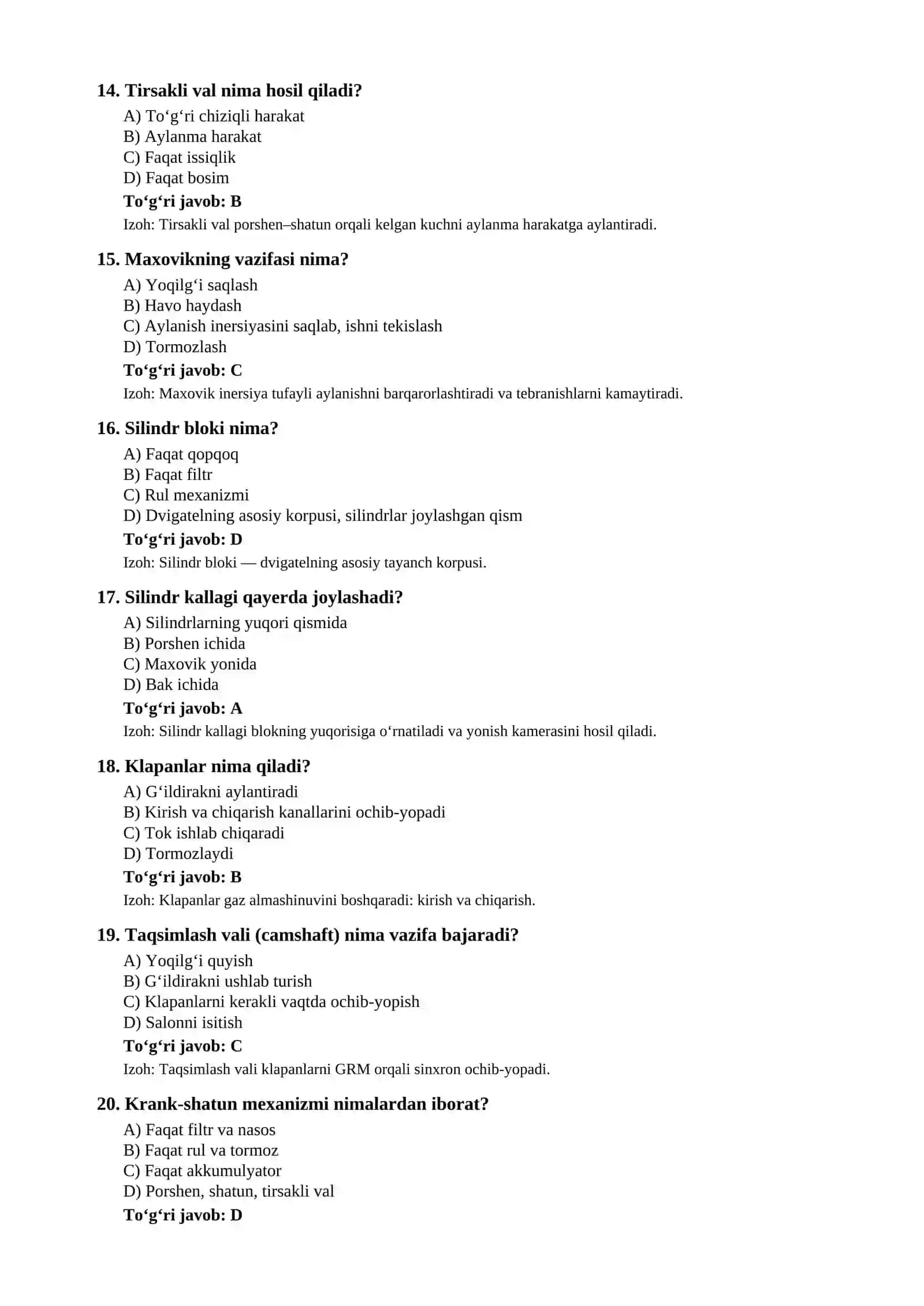 Avtomobil tuzilishi testlar (savollar va javoblar) 3