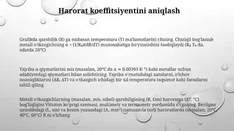 Metall o'tkazgichlar qarshiligi va temperaturaga bog'liq 3