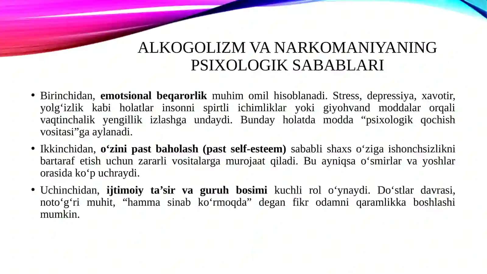 Alkogolizm, narkomaniya sabablarining psixologik tavsifi va ularning psixoprofilaktikasi 3