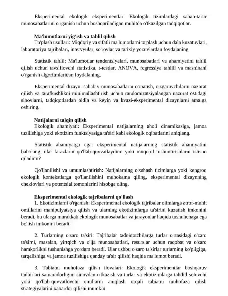 Umumiy Qabul Qilingan Qiyosiy Tahlil Usullari. Eksperimental Ekologik Tajriblar 3