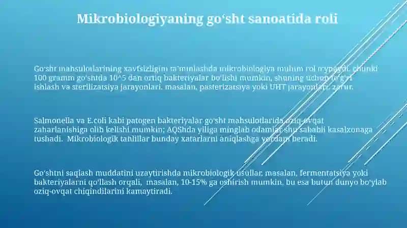 Mikrobiologiya fanining oziq-ovqat sanoatida tutgan o'rni(sut,go'sht,meva-sabzavot va boshqalar) 3