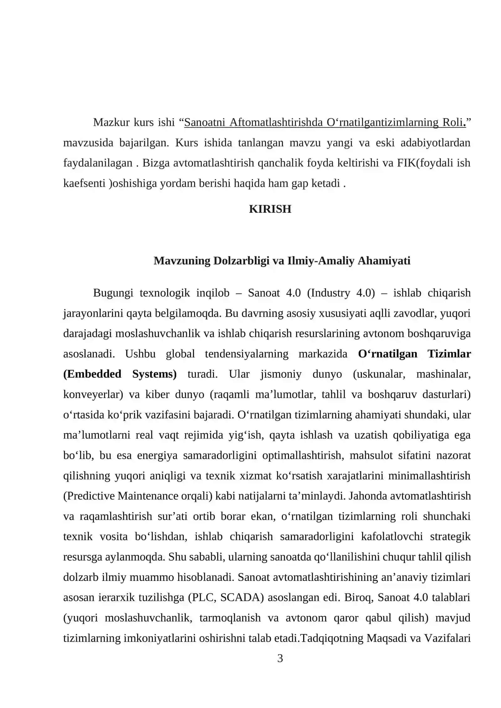SANOATNI AFTOMATLASHTIRISHDA O‘RNATILGAN TIZIMLARNING ROLI. KURS ISHI HISOBOT YOZUVI 3