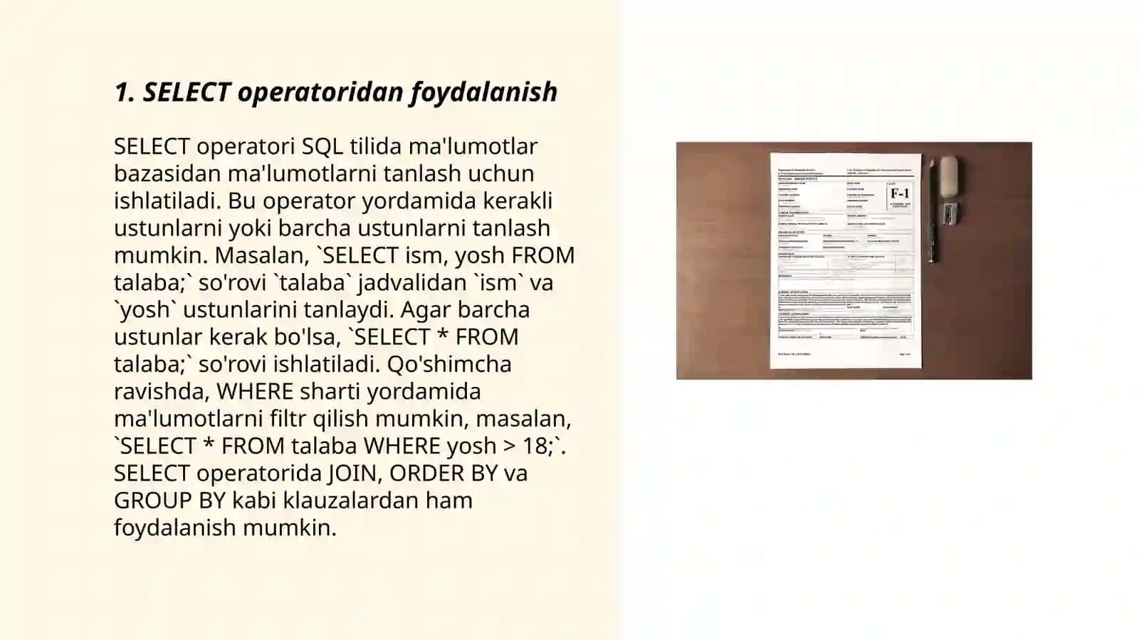 SELECT operatoridan foydalanish 3