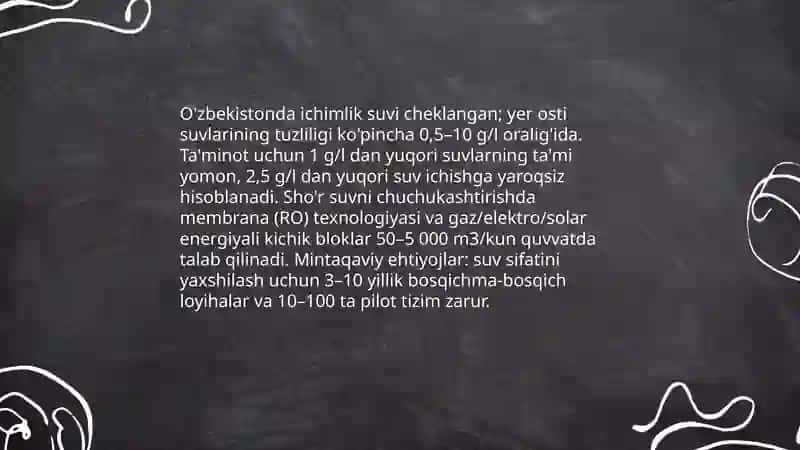 O'zbekistonda sho'r suvni chuchukashtirishning hozirgi holati va ehtiyojlari 3