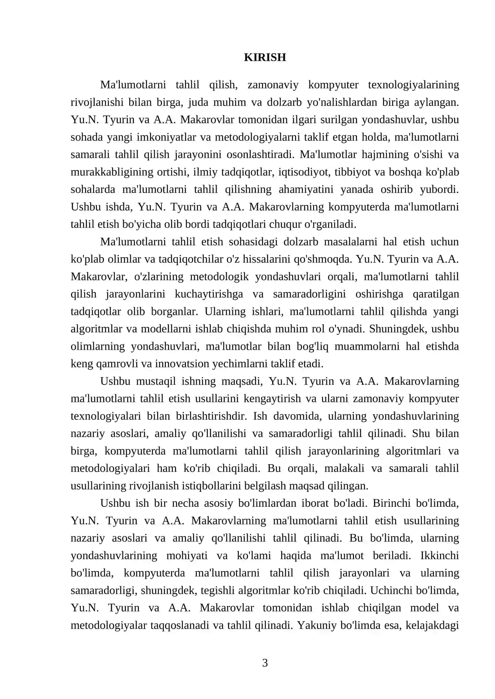 Yu.N. Tyurin va A.A.Makarovlar tomonidan kompyuterda ma'lumotlarni tahlil etish bo'yicha ilgari surilgan yondashuvlarni kospeklashtirish 3