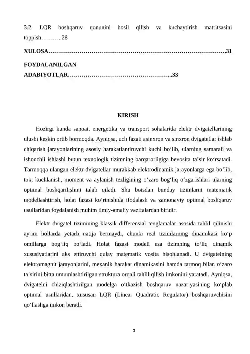 Tarmoqqa ulangan elektr dvigatel tizimining holat modeli va LQR boshqaruvchisini sintez qilish 3