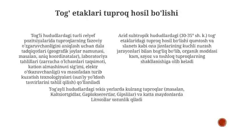 Quruq subtropiklarning togʻ oldi va bo'z tuproqlarni o'rganish 3