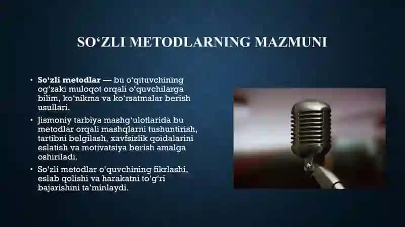 Jismoniy tarbiyaning so`zdan foydalanish va ko`rgazmali metodlari mavzusi uchun slayd 3